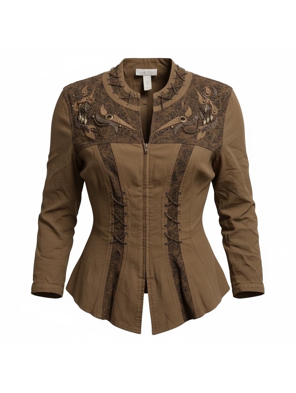 Vintage Cache Brown Olive Embellished Corset-Style Jacket